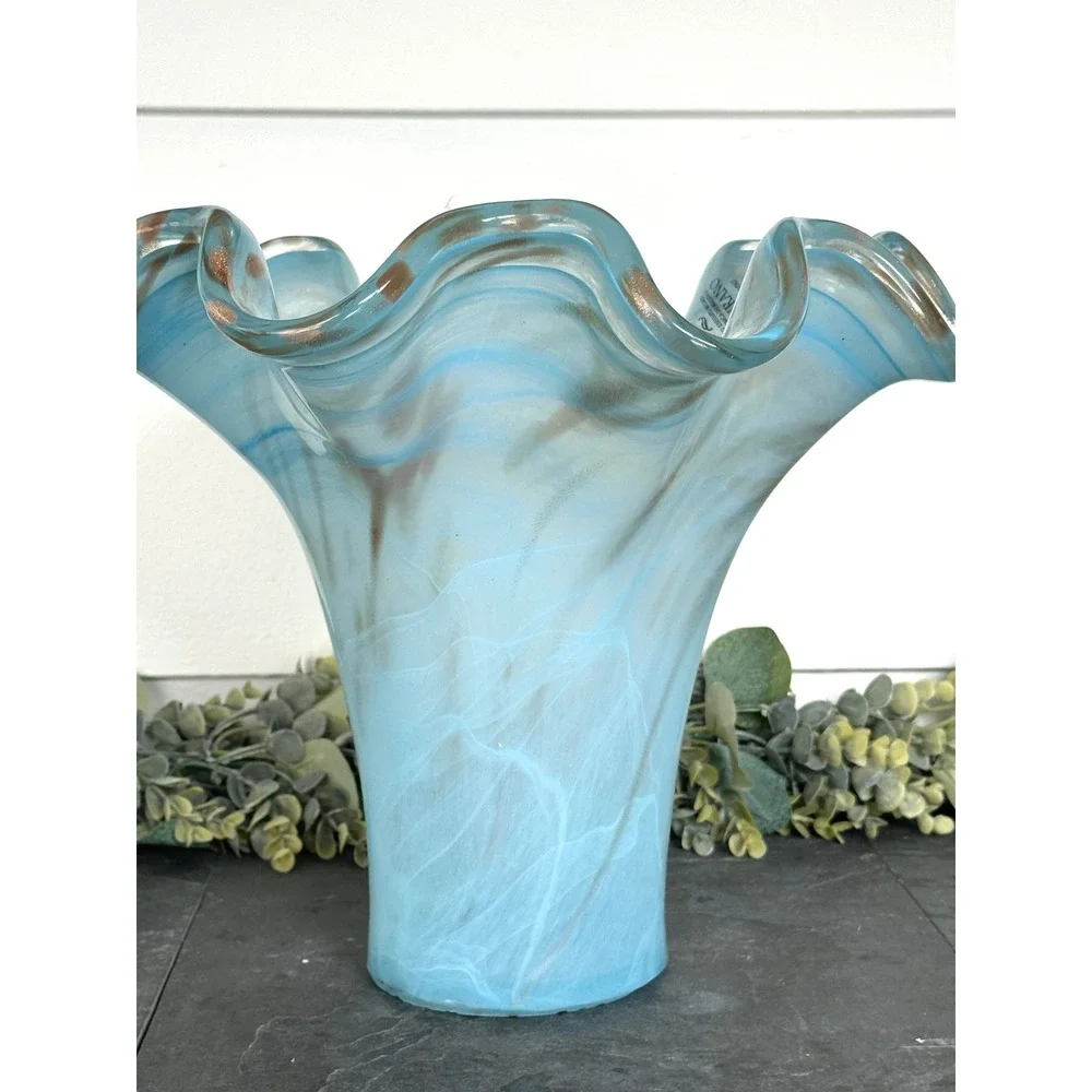 Blue Murano Art Blown Glass Vase Handkerchief Italian white Gold Swirl 11 x 14